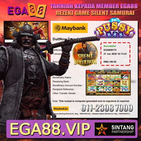 Silent Samurai slot game winner celebrates an RM2,100 win at EGA88 online gaming platform.