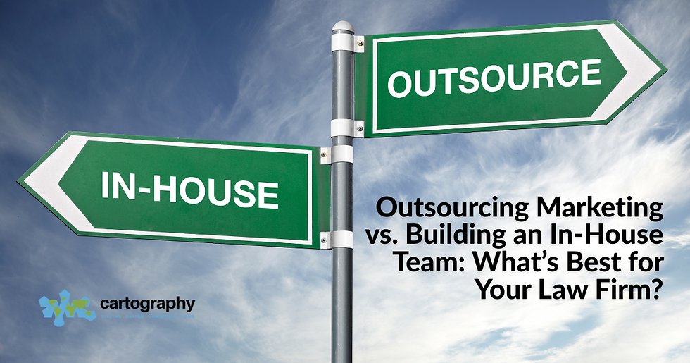 Signs point to "In-House" and "Outsource" against a sky. Text reads "Outsourcing Marketing vs. Building an In-House Team." Mood is thoughtful.