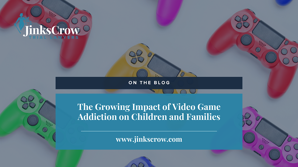 Colorful game controllers on a blue background with text: "The Growing Impact of Video Game Addiction on Children and Families. www.jinkscrow.com."