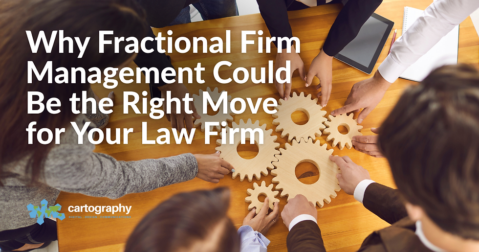 Hands of diverse people assembling wooden gears on a table. Text: "Why Fractional Firm Management Could Be the Right Move for Your Law Firm." Mood: Collaborative.