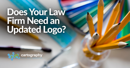 Pencils in a jar with colorful backgrounds. Text: "Does Your Law Firm Need an Updated Logo?" Logo for "cartography" at the bottom.
