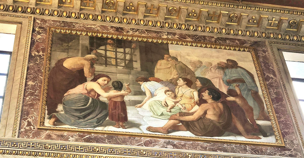 Buona festa di San Nicola e buon onomastico a tutti i Nicola! To pay homage to this beloved and famous saint, I stopped by the church of San Nicola in Cacere (St. Nicholas in Prison). While the name of the church alludes to the ruins of a medieval prison beneath it, St. Nicholas was in fact imprisoned, as we see in the painting above. Here is the fascinating story of life of good St. Nick, and of this church so rich in Roman history. Tonight there is a special Mass here for the feast of the church's patron saint, presided over by Cardinal Tomasi, the titular cardinal. If you are in Rome this month on the 12th, this church is also a special place to visit on the feast of Our Lady of Guadalupe, as there is a shrine dedicated to her here, where the Mexican College community gathers monthly on the 12th. The parish priest is an elderly Indian fellow who paused his dusting to put on his stole and take a few minutes to give me a blessing on this special feast day. If St. Nicholas is special to you or someone you love, you will enjoy this wonderful website dedicated entirely to him. One of these days I will make a pilgrimage to Bari, the resting place of the saint's relics.