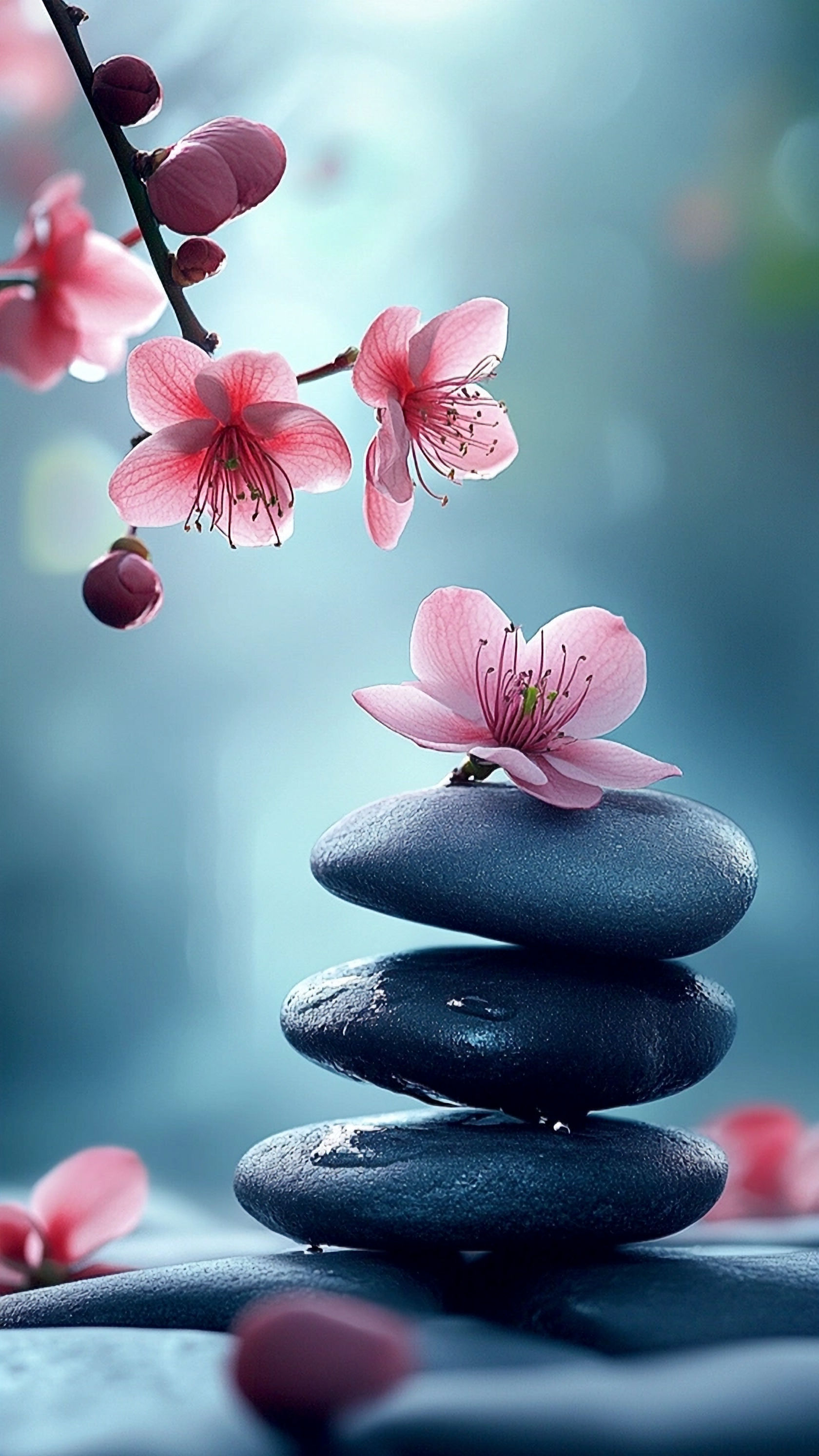Équilibre Zen : Galets et Fleurs de Cerisier