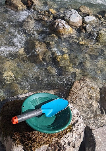 Deelnemers aan de voet van de rivier op zoek naar goud