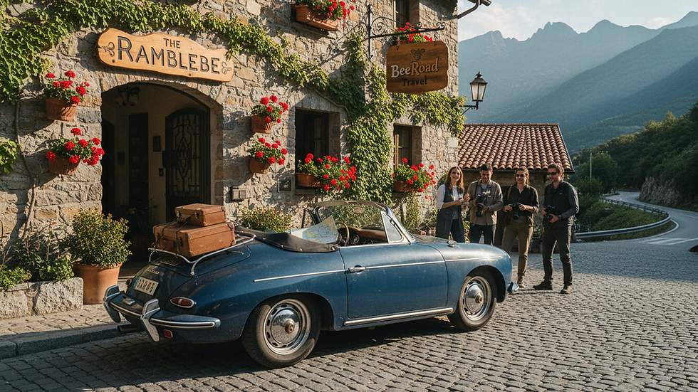 Eye-level view of a classic car parked in front of a charming boutique hotel