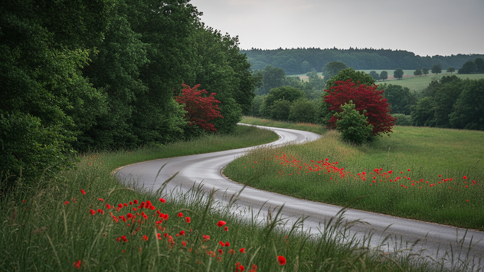 Wide angle view of a scenic winding road near Brielle