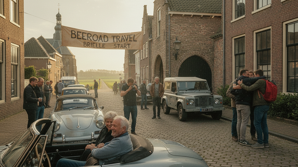 Wide angle view of a group of classic cars lined up at the BeeRoad start in Brielle
