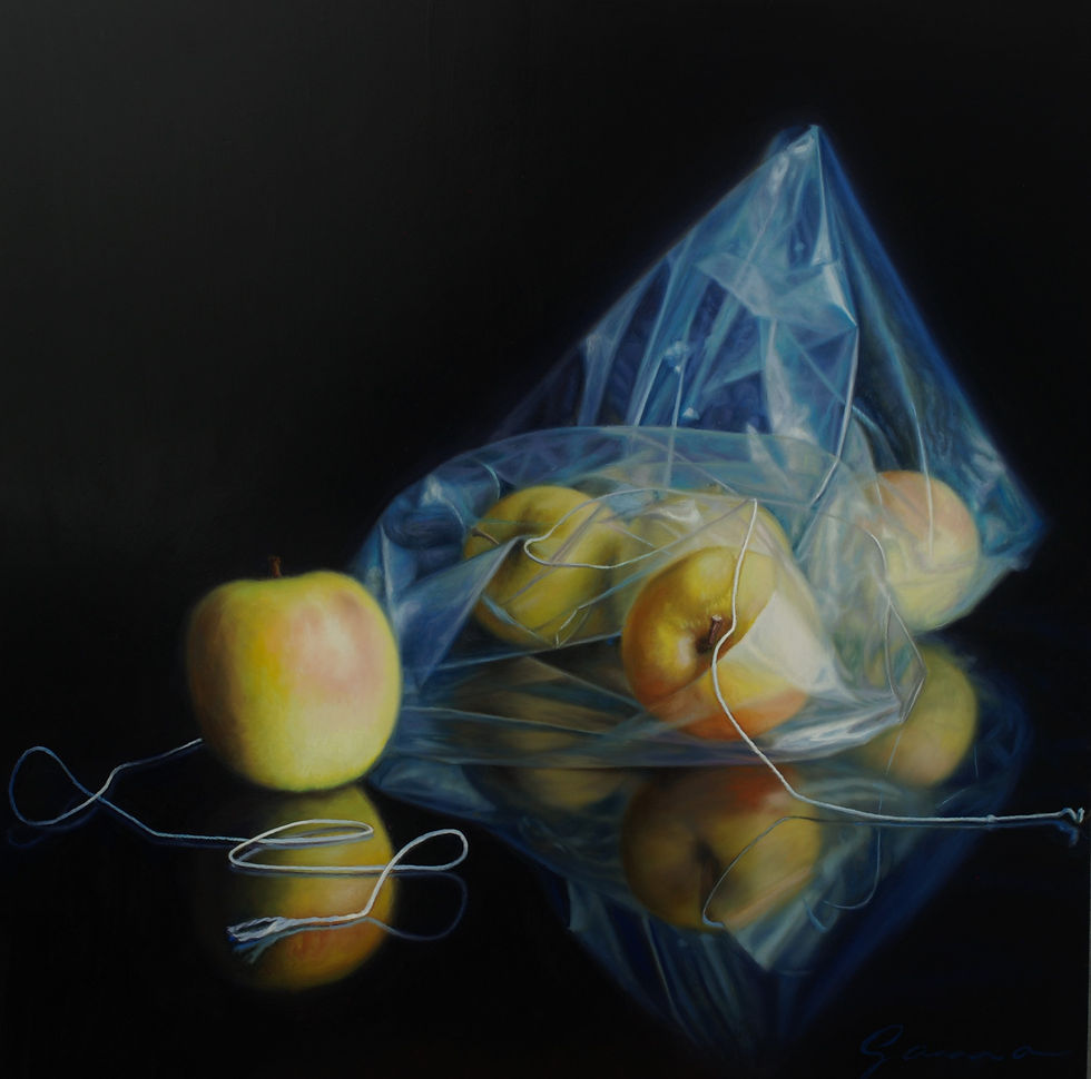 Golden sortant du sac, Huile sur panneau, 24x24 po.