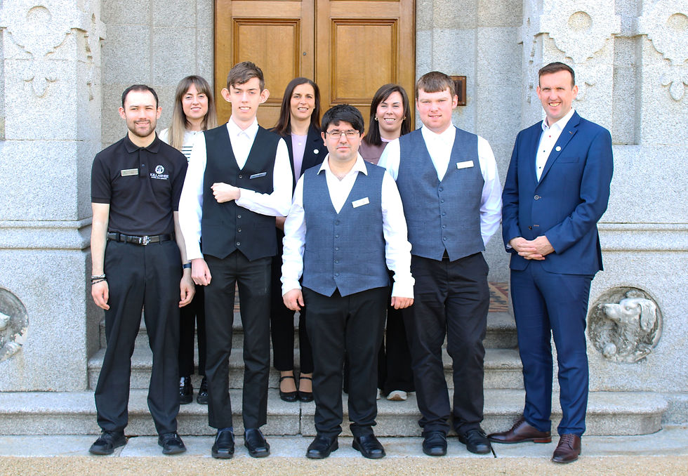 L–R: Daniel Dunne (participant), Niamh Gaffney (Kare Employment Officer), Bradley Browne (participant), Magda Egan (Killashee Head of HR and People), Peter Trueman (participant), Aine Moore (Kare Job Coach), Emmett Mangan (participant) and Ger Alley (Killashee General Manager)