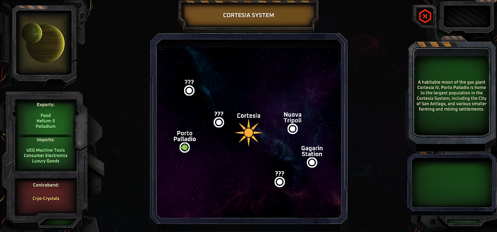 The Cortesia System Map displays useful information on planets you've visited.