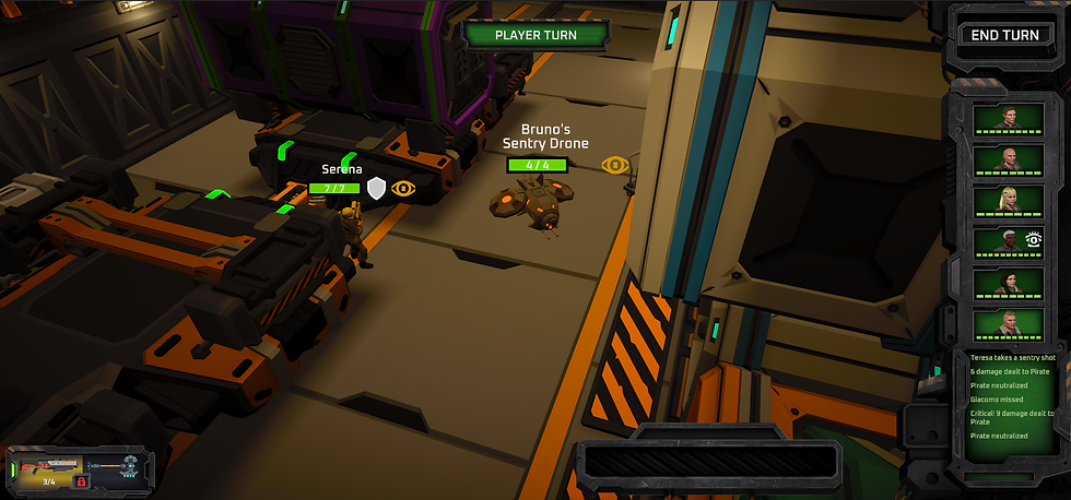 A sentry drone covers the party's advance through the enemy's cargo hold.
