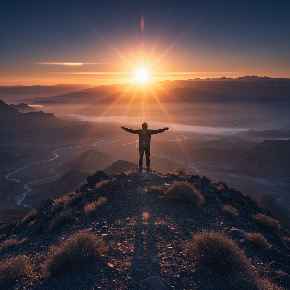 A person standing on a hilltop at sunrise, arms open, symbolizing courage and growth after a difficult journey