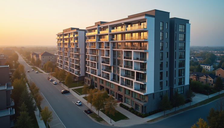 Vue aérienne d'un immeuble multilogement moderne à Saint Jérôme