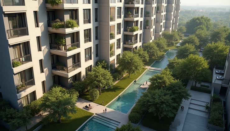 Vue en plongée d’un immeuble résidentiel moderne avec balcons et espaces verts