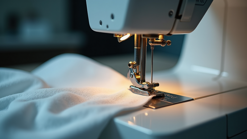 Eye-level view of a sewing machine with fabric being stitched