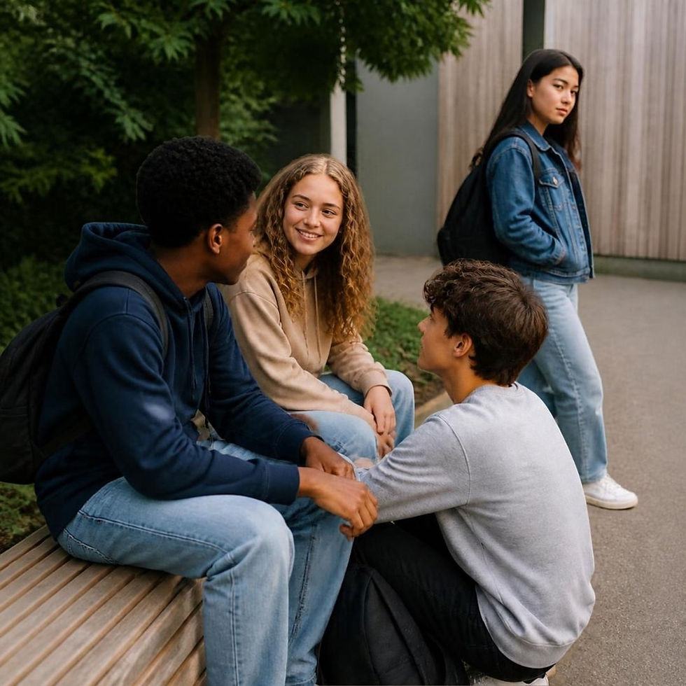 Een jongere die zich niet echt verbonden voelt met de groep staat afzijdig toe te kijken.