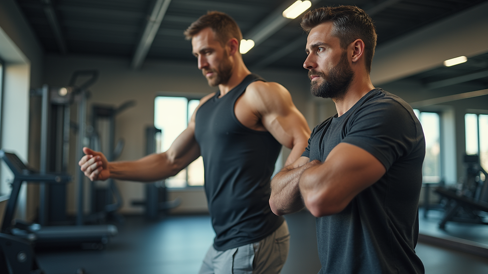 Eye-level view of a fitness coach guiding a client during a workout