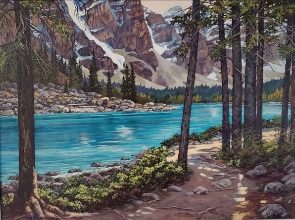 Acylic painting of a path leading the viewer alongside the beautiful aqua waters of Moraine Lake, Alberta