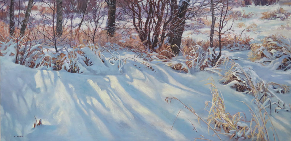 Acrylic painting of a scene with winters morning light casting shadows through the trees onto the snow covered marsh and grasses