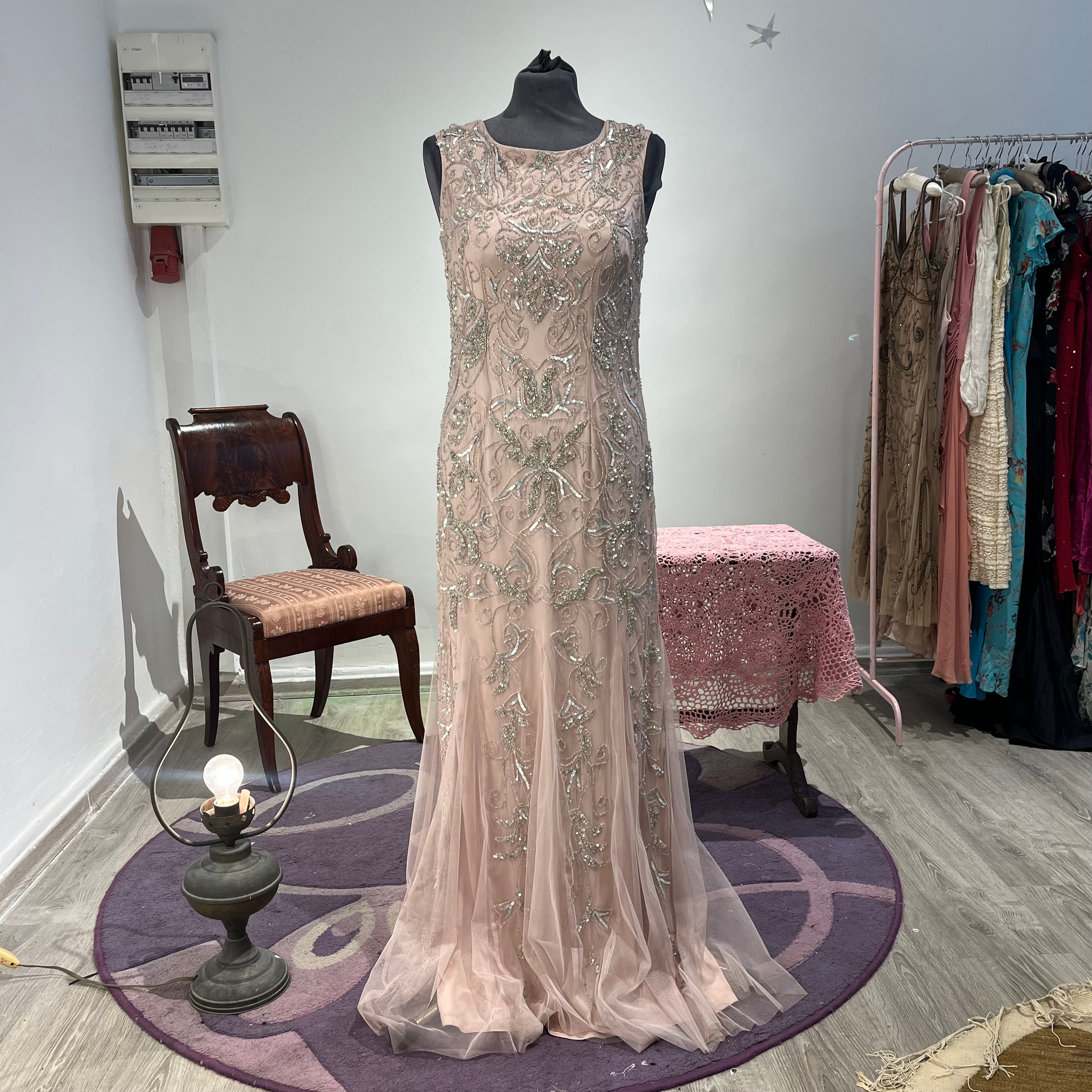 pink beaded tulle maxi dress (L)