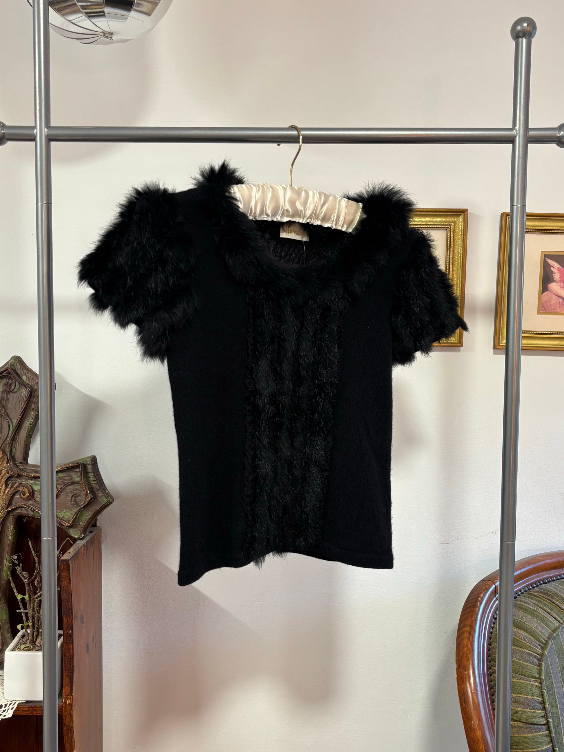 black fur short sleeve sweater