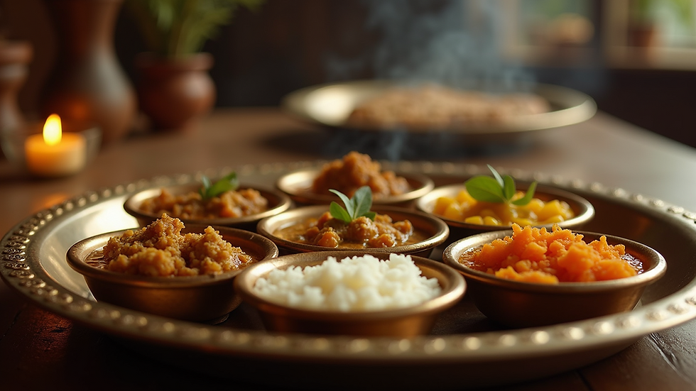 Eye-level view of a traditional Maharashtrian thali featuring bhajani dishes