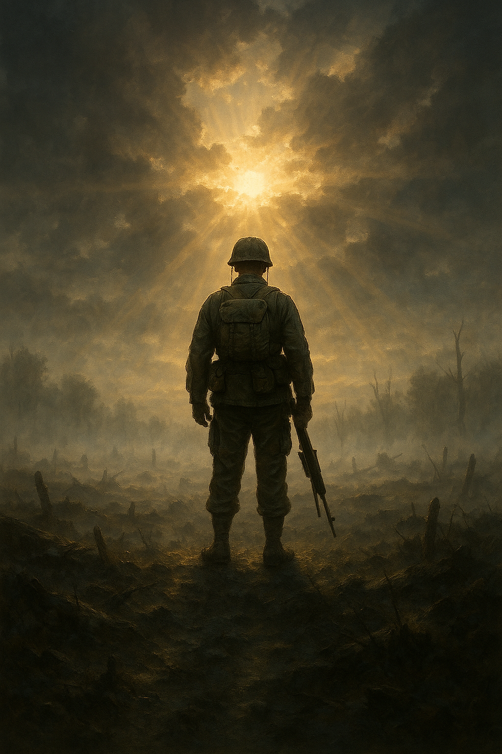 Soldier standing in battlefield at sunset
