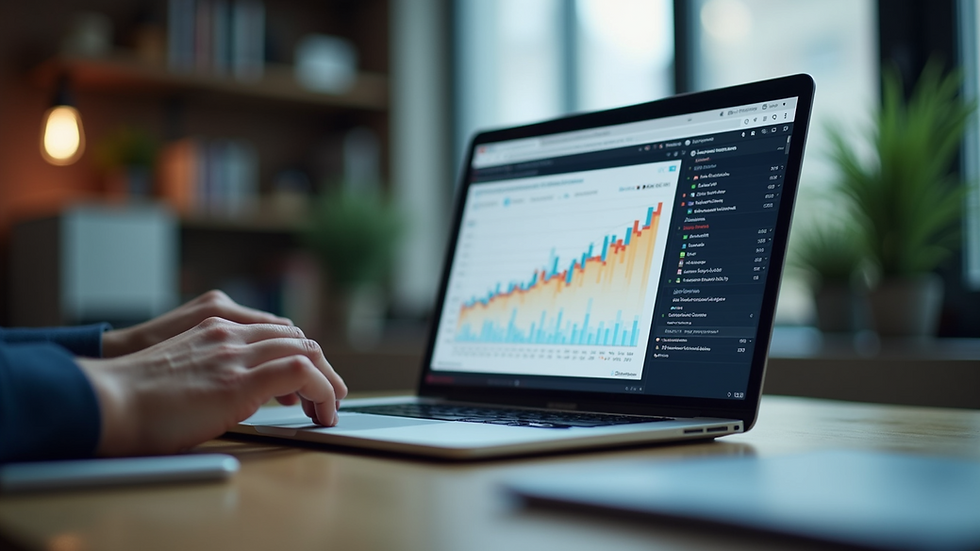 Eye-level view of a digital marketer analyzing campaign data on a laptop