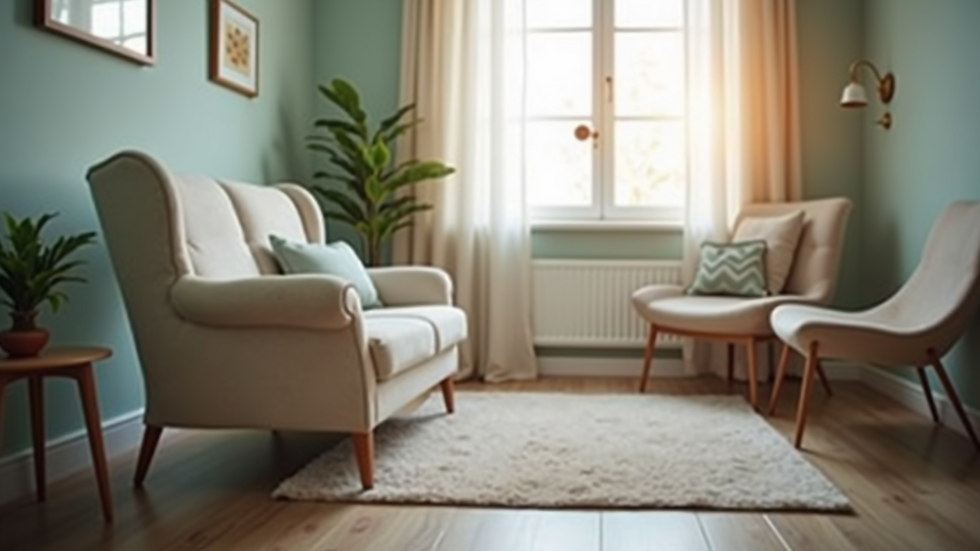 Close-up view of a therapist's office with comfortable seating and calming decor