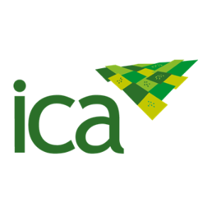 ICA logo: green text and abstract field design