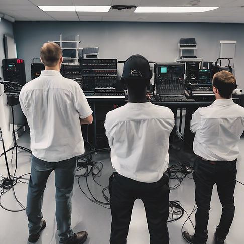 3-4 audio video technicians standing with their backs to the camera with their arms crosse