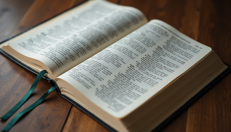 High angle view of an open Bible with highlighted passages about peace and unity