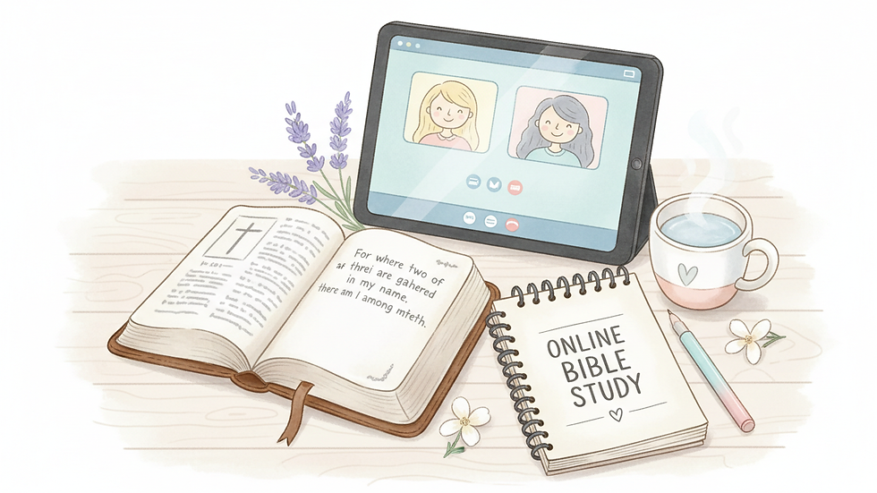 Close-up view of a Bible and notebook on a table ready for online Bible study