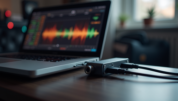 Close-up view of audio interface connected to a laptop for church livestream