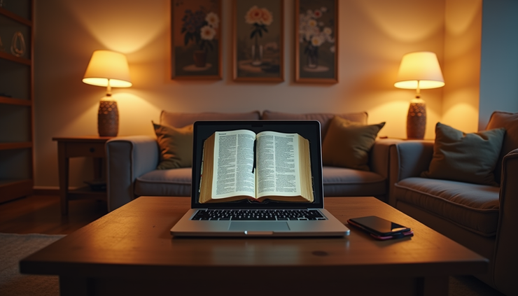 Eye-level view of a cozy living room with a laptop open to a Bible study session