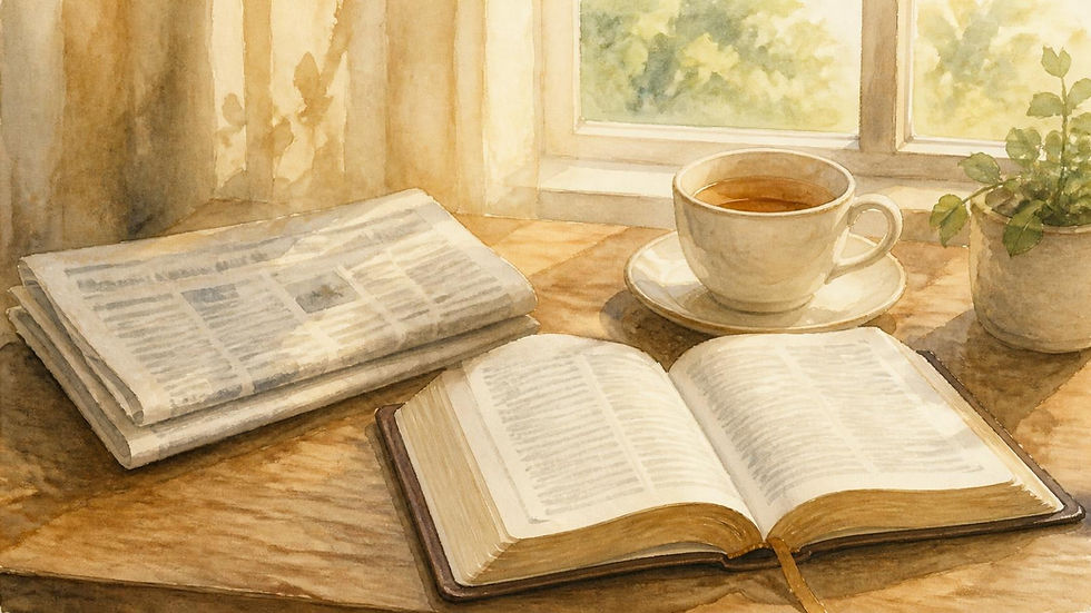 Folded newspaper and cup of tea beside an open Bible on a table in morning light.