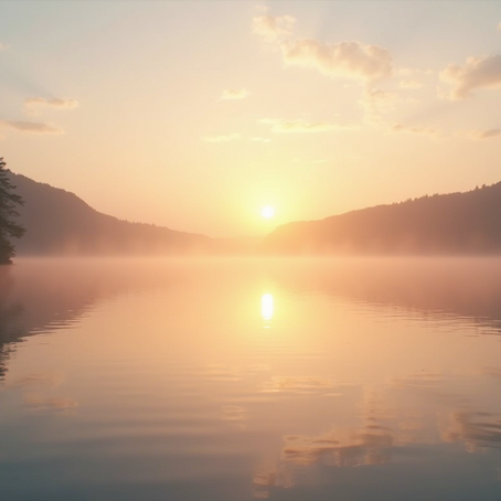 Sunrise of a majestic Lake with the silhouettes of trees in the background, serene, beautiful quiet