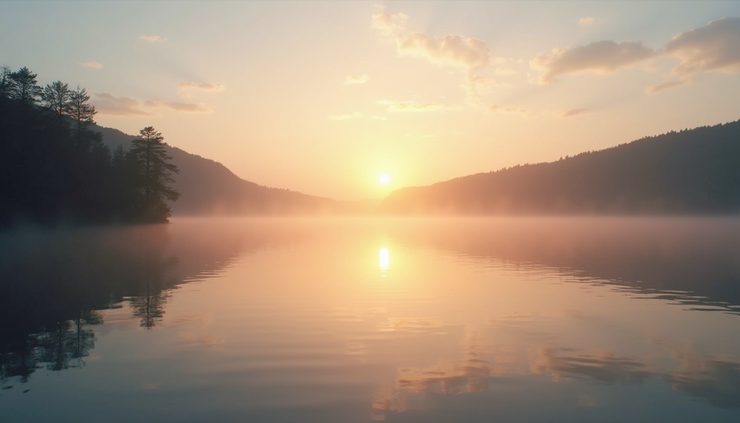 Eye-level view of a quiet sunrise over a peaceful lake