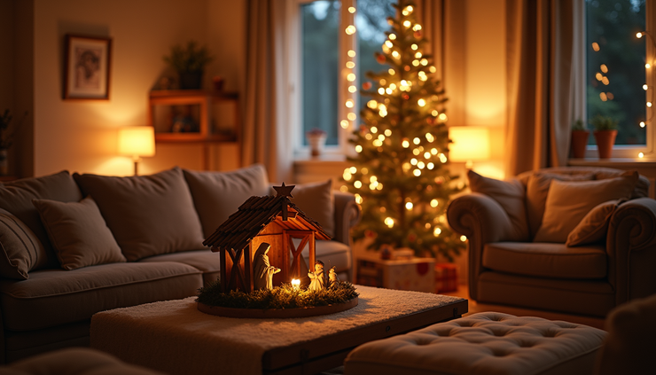 High angle view of a cozy living room decorated for Christmas with a nativity scene