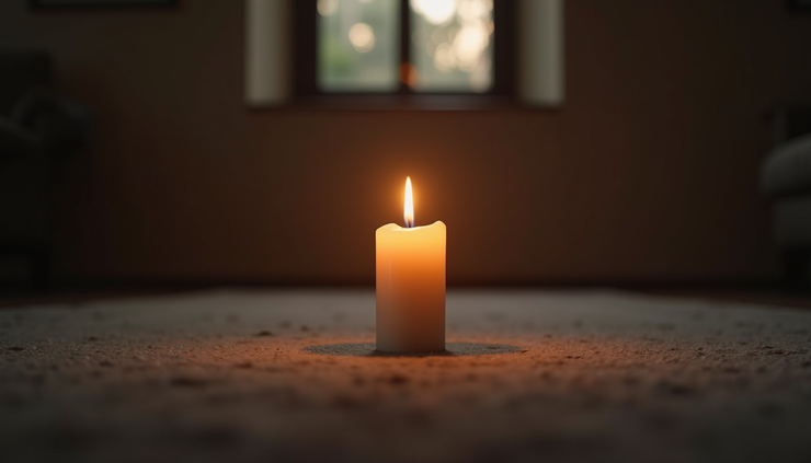 Close-up view of a candle lit in a quiet room during a virtual prayer meeting