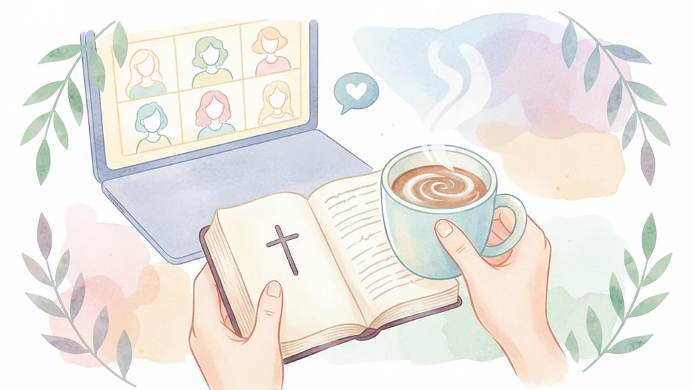 Close-up view of a person holding a Bible and a cup of coffee during an online Bible study