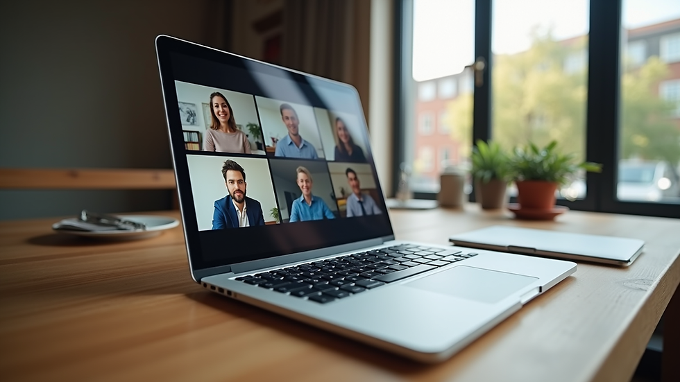 Eye-level view of a laptop on a wooden table showing a virtual group meeting