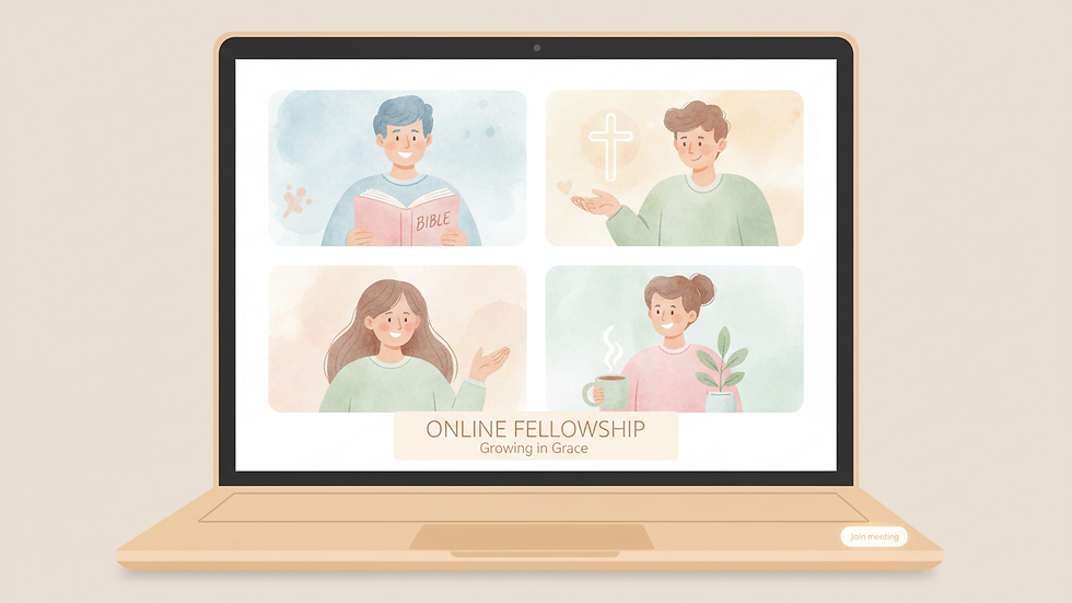 Close-up view of a laptop screen showing an online Bible study group meeting