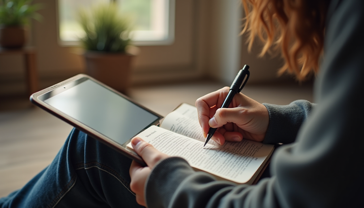 High angle view of a person taking notes during an online Bible study session on a tablet