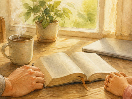 Watercolor painting of a sunlit kitchen table with an open Bible, a steaming mug of coffee, and a closed laptop set to the side, with a parent's hand and a child's folded hands resting near the Bible.