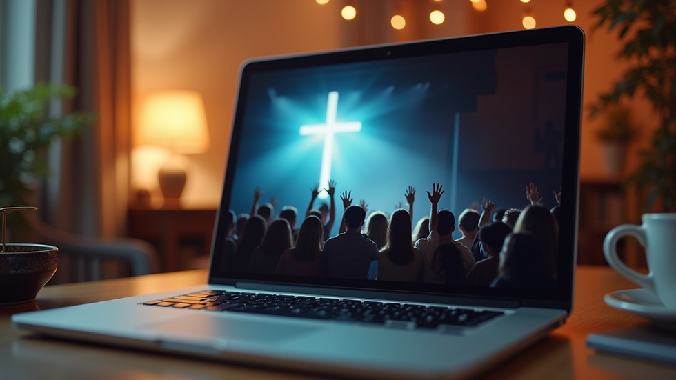 Eye-level view of a laptop showing a virtual worship service