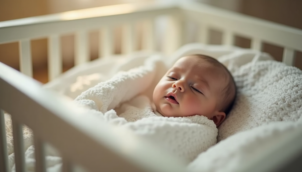 Eye-level view of a cozy nursery with a crib and soft lighting