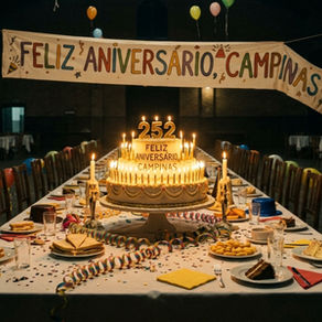 Salão histórico de tijolos à vista, completamente vazio, com uma longa mesa posta para festa de aniversário. Ao centro da mesa, um bolo de dois andares com velas acesas e o número 252, decorado com a inscrição "Feliz Aniversário, Campinas". A mesa está repleta de pratos com comida intocada, serpentinas, confetes e copos coloridos, ladeada por cadeiras vazias com balões amarrados. Ao fundo, uma faixa branca escrita "Feliz Aniversário, Campinas" suspensa no ar. Balões coloridos flutuam soltos no teto escuro. A iluminação quente das velas contrasta com o ambiente sombrio e deserto.