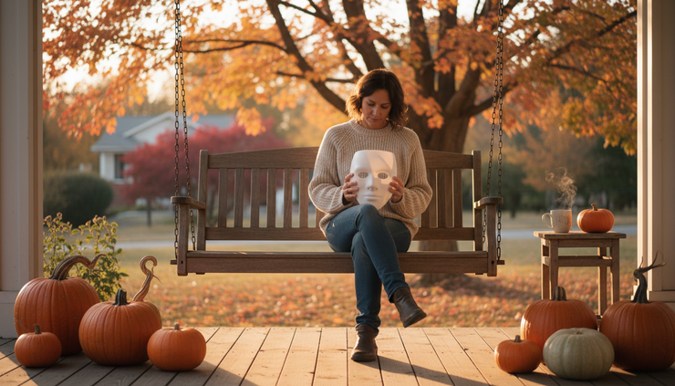 Eye-level view of a person holding a Halloween mask in warm evening light.