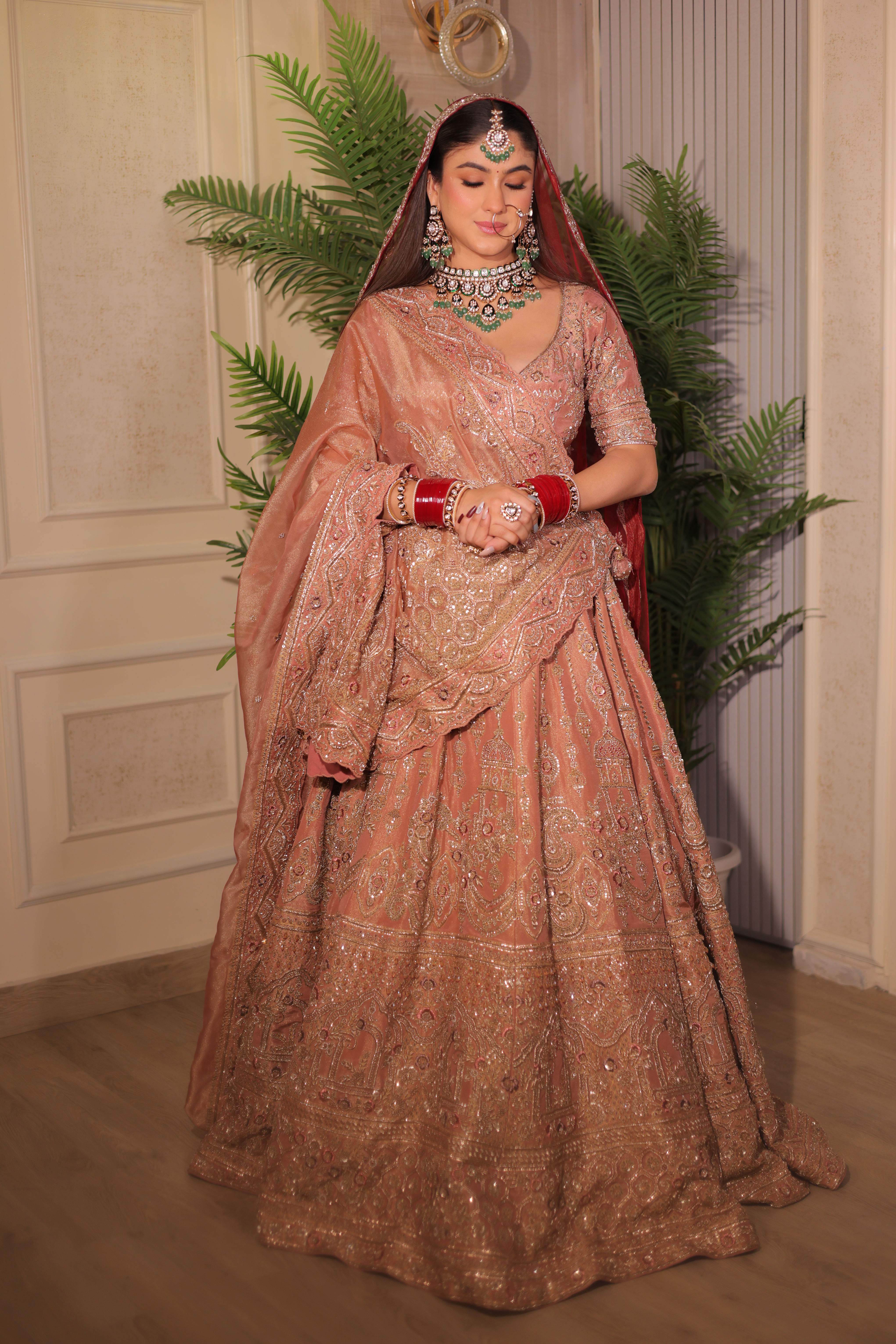 Dusty Rose Peach Bridal Lehenga with Antique Gold Zardozi Embroidery